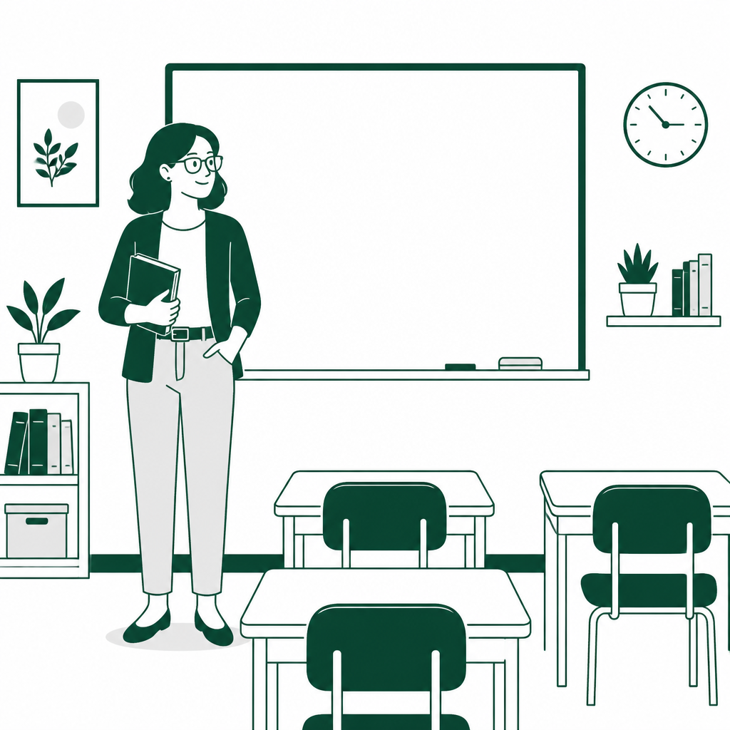 Illustration av en vikarie i ett klassrum
